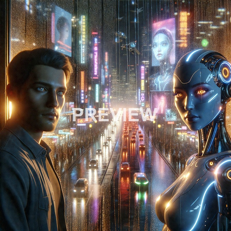 A human man and a female robot with glowing eyes stand side by side in a futuristic cityscape viewed through a rain-streaked window, with neon signs and holographic advertisements illuminating the background.